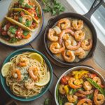 Variety of quick shrimp dinner recipes including tacos, pasta, and stir-fry arranged on wooden table