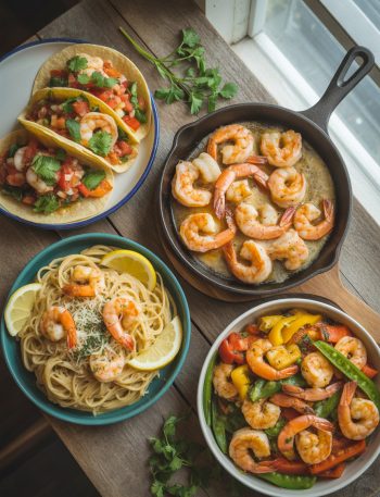 Variety of quick shrimp dinner recipes including tacos, pasta, and stir-fry arranged on wooden table