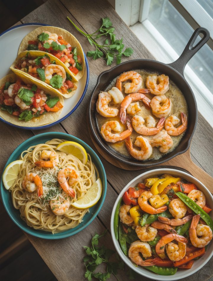 Variety of quick shrimp dinner recipes including tacos, pasta, and stir-fry arranged on wooden table
