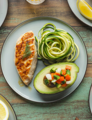 Collection of easy keto dinner recipes including grilled chicken, zucchini noodles, and salmon arranged on wooden table