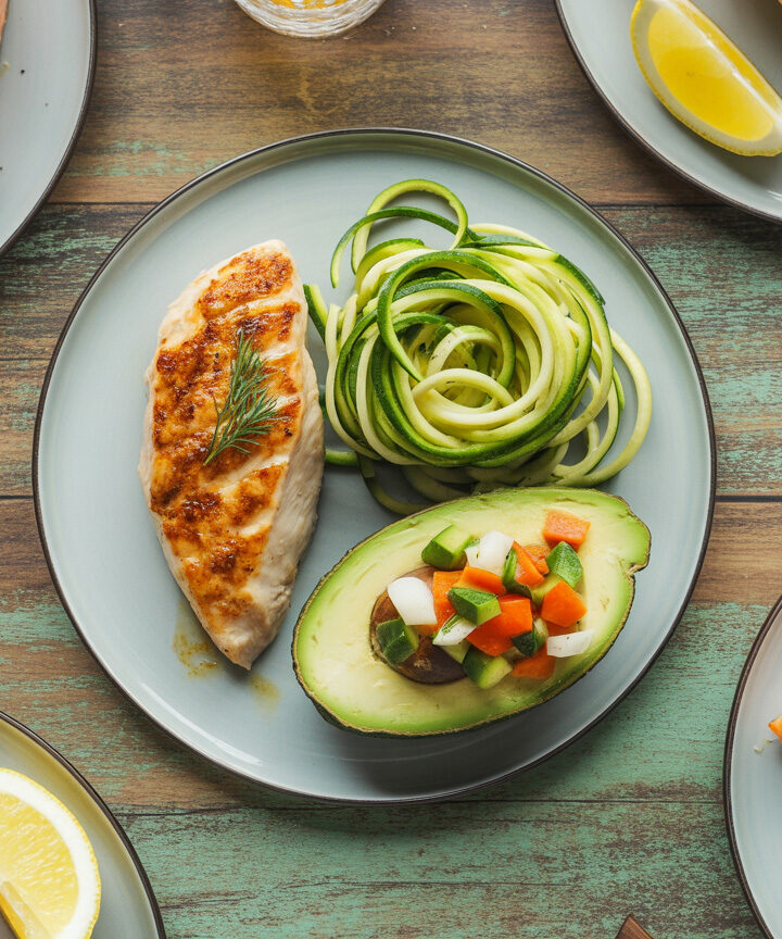 Collection of easy keto dinner recipes including grilled chicken, zucchini noodles, and salmon arranged on wooden table