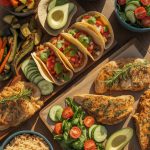 Colorful spread of gluten free dinner recipes including tacos, grilled chicken, pasta, and fresh vegetables arranged on a family dining table