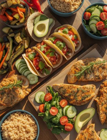 Colorful spread of gluten free dinner recipes including tacos, grilled chicken, pasta, and fresh vegetables arranged on a family dining table