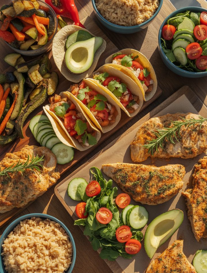 Colorful spread of gluten free dinner recipes including tacos, grilled chicken, pasta, and fresh vegetables arranged on a family dining table