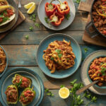 Variety of easy ground beef dinner recipes including tacos, pasta, and casseroles displayed on wooden table