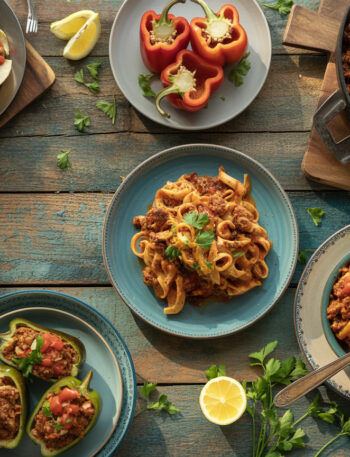 Variety of easy ground beef dinner recipes including tacos, pasta, and casseroles displayed on wooden table