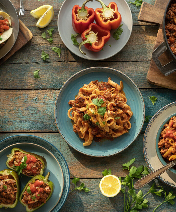 Variety of easy ground beef dinner recipes including tacos, pasta, and casseroles displayed on wooden table