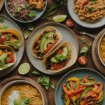 Colorful array of easy vegan dinner recipes including tacos, pasta, and curry bowls arranged on wooden table