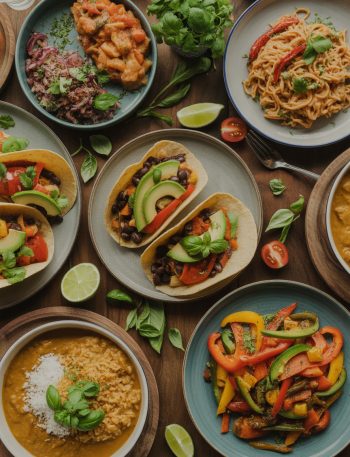 Colorful array of easy vegan dinner recipes including tacos, pasta, and curry bowls arranged on wooden table