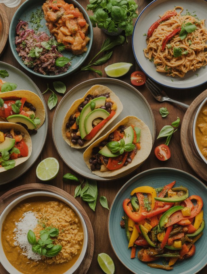 Colorful array of easy vegan dinner recipes including tacos, pasta, and curry bowls arranged on wooden table