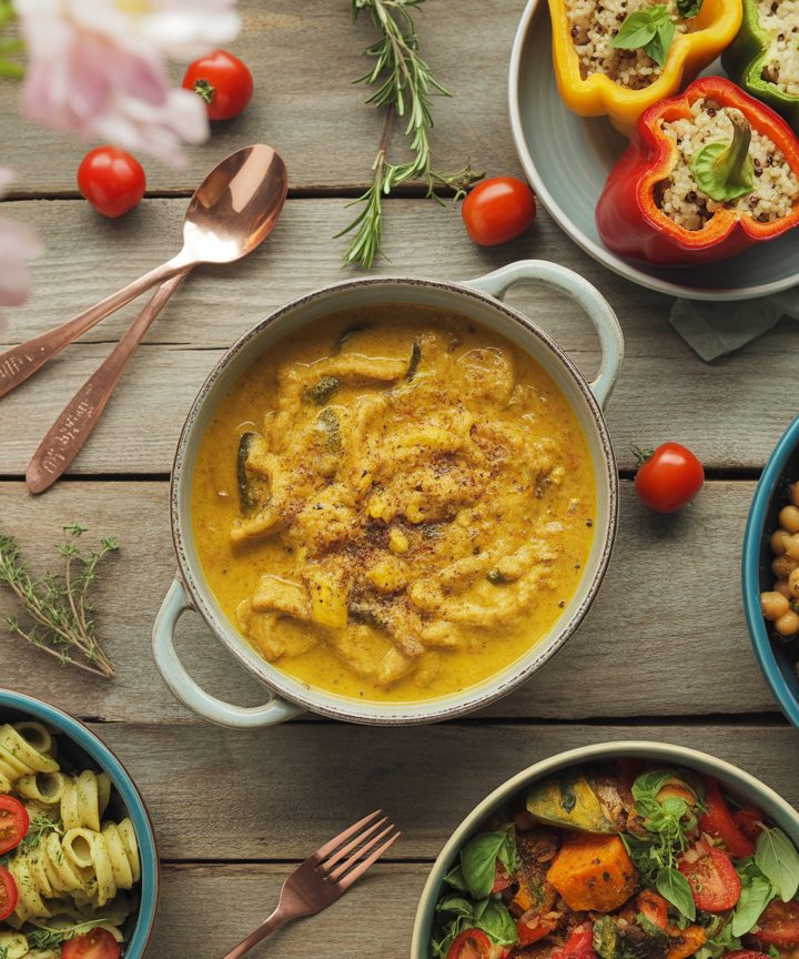 Colorful array of vegetarian dinner recipes including pasta, curry, and buddha bowls arranged on rustic wooden table with fresh vegetables