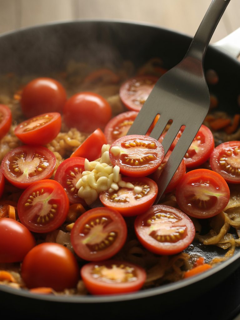 Fresh halved cherry tomatoes and minced garlic being added to sautéed vegetables in skillet