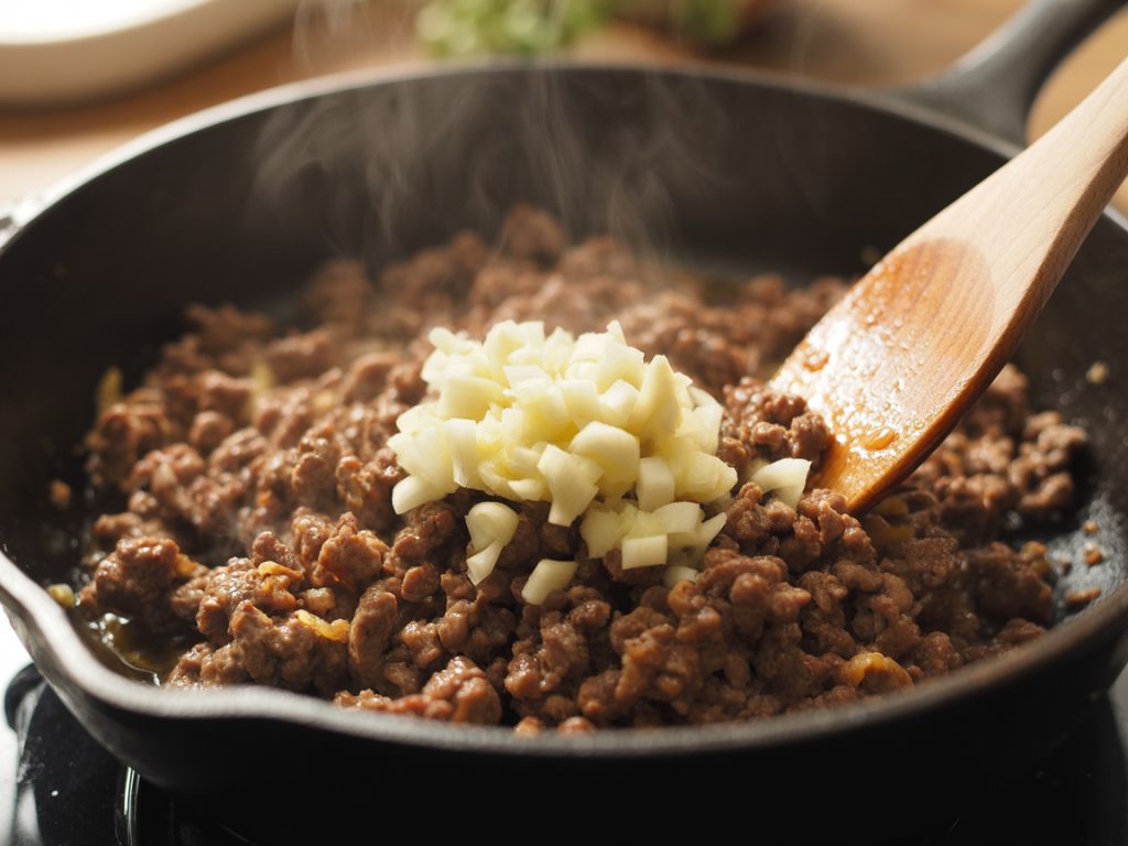 Fresh minced garlic and ginger being added to browned ground beef in skillet with wooden spoon