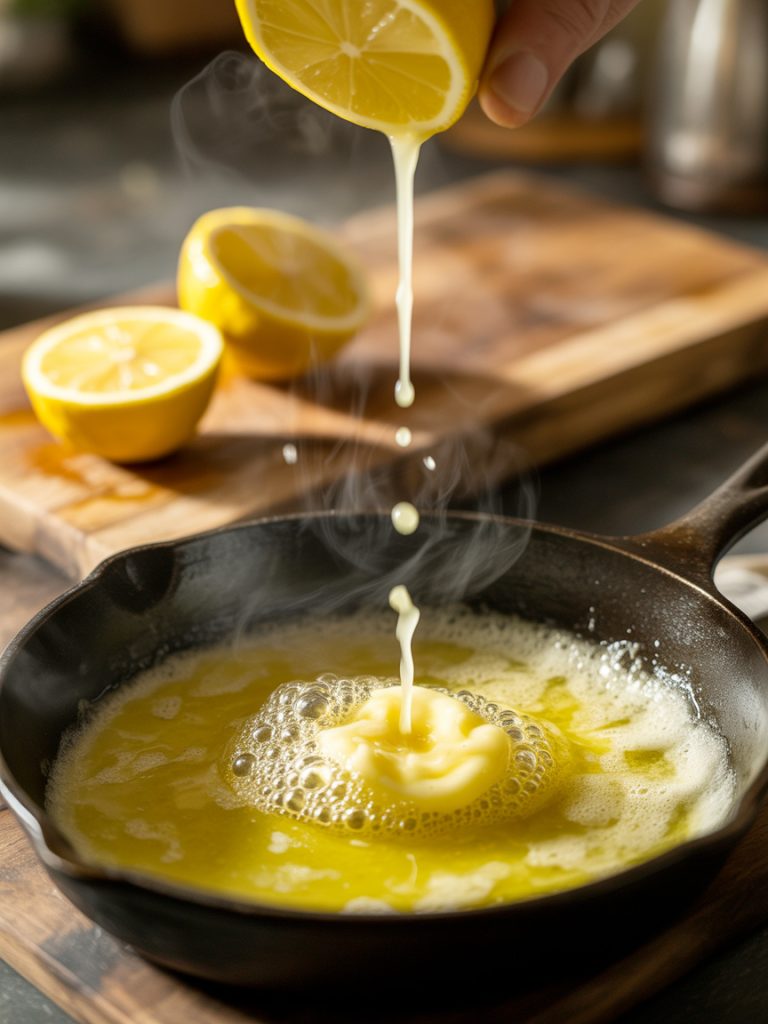 Fresh lemon juice being poured into skillet with garlic butter creating bubbling sauce