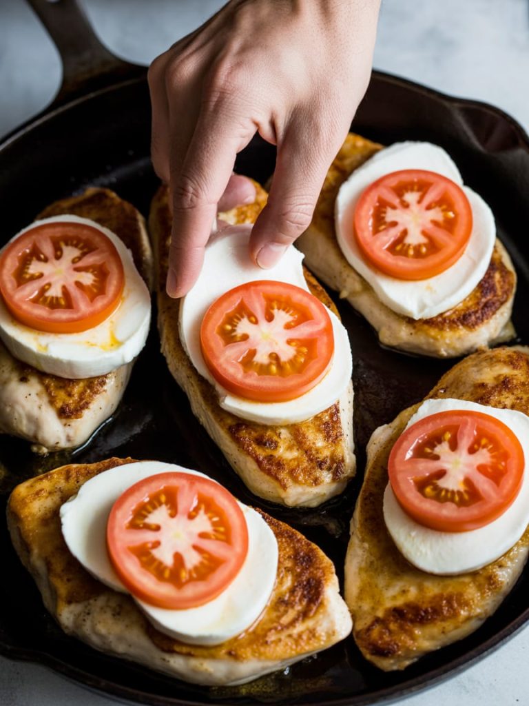 Hands placing sliced mozzarella and tomatoes on golden chicken breasts in cast iron skillet