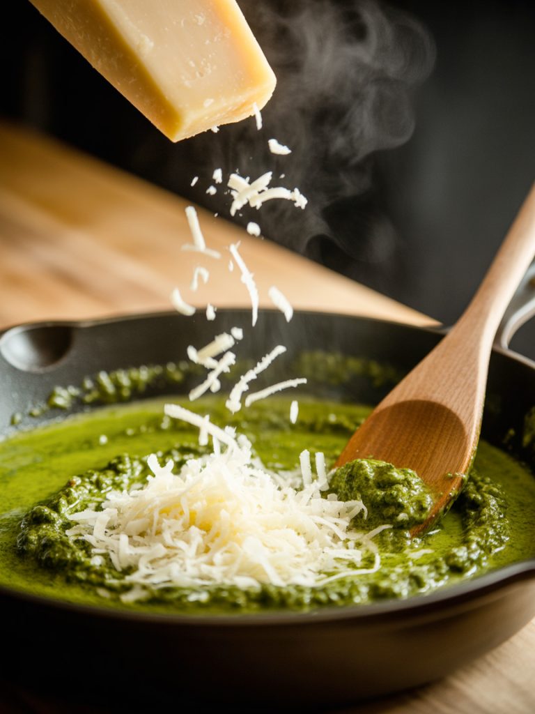 Freshly grated parmesan cheese being sprinkled into creamy green pesto sauce in skillet