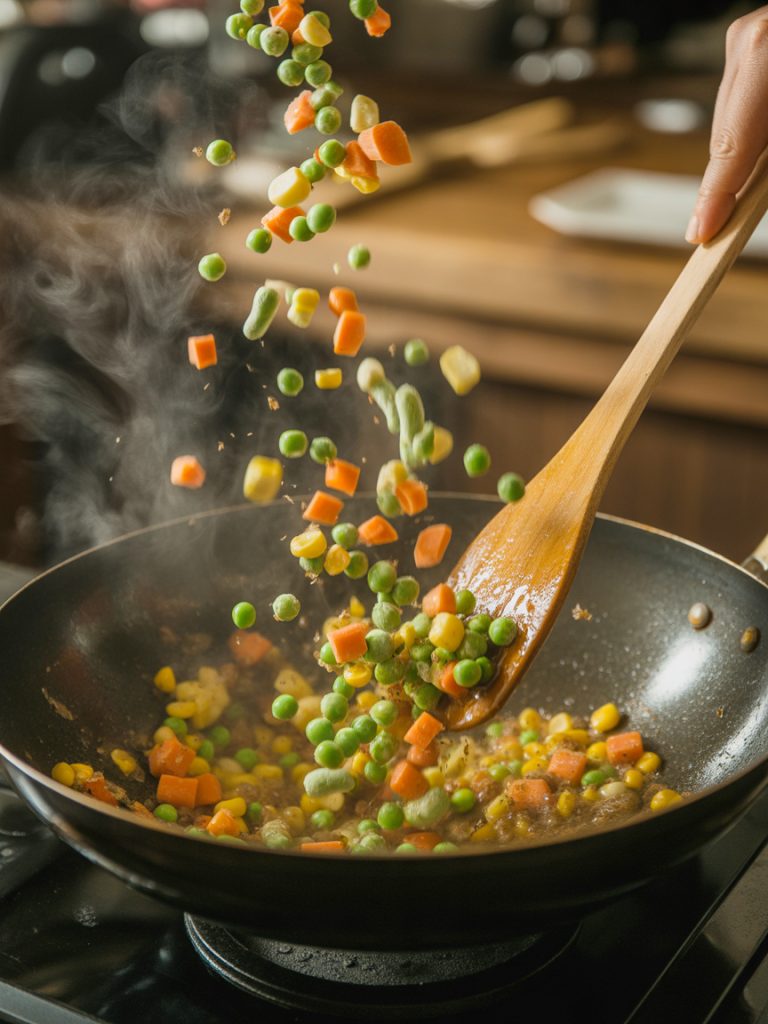 Colorful frozen vegetables being added to hot wok with aromatics for fried rice stir-fry