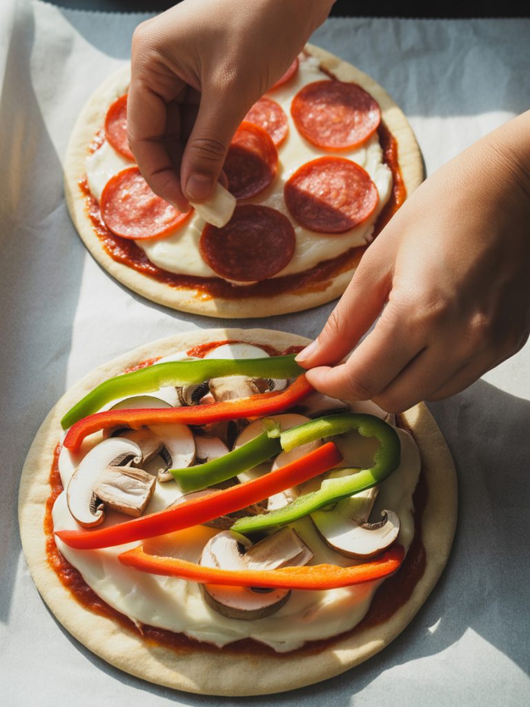 Pita pizzas being topped with pepperoni slices, bell peppers and mushrooms over cheese layer
