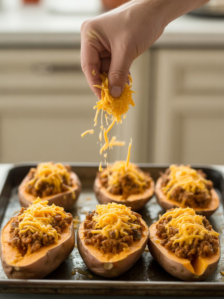 Hand sprinkling shredded cheddar cheese over taco-filled sweet potatoes on a baking sheet