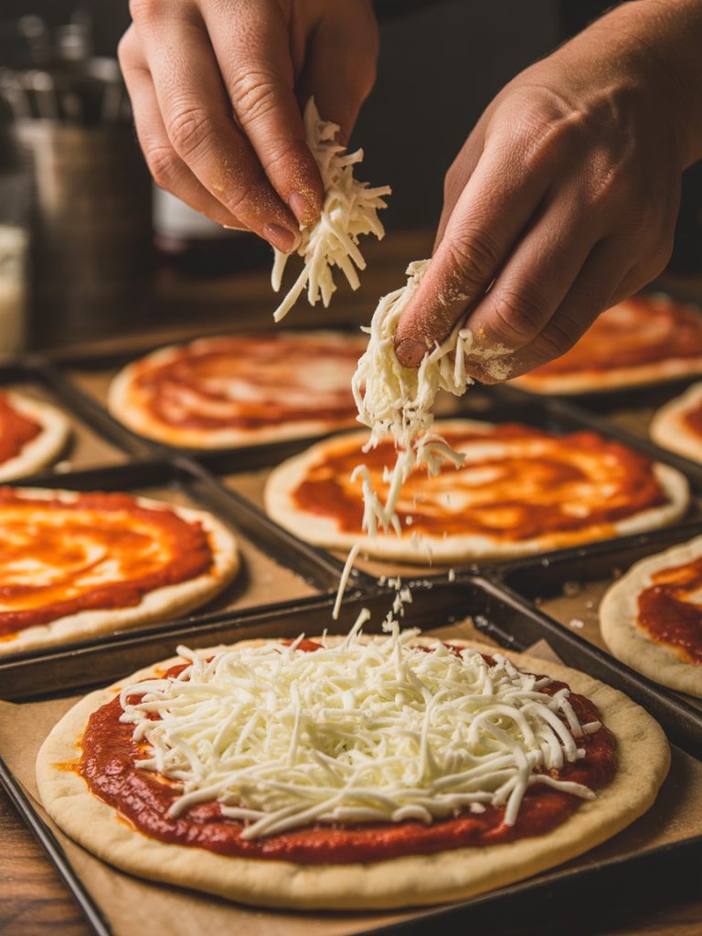 Hands sprinkling shredded white mozzarella cheese over red pizza sauce on pita bread