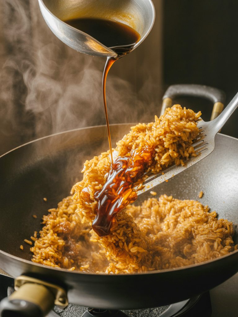 Dark soy sauce being tossed with fried rice in wok coating grains golden-brown