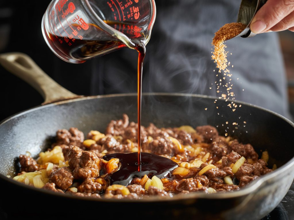 Dark soy sauce being poured into skillet with ground beef creating glossy glaze