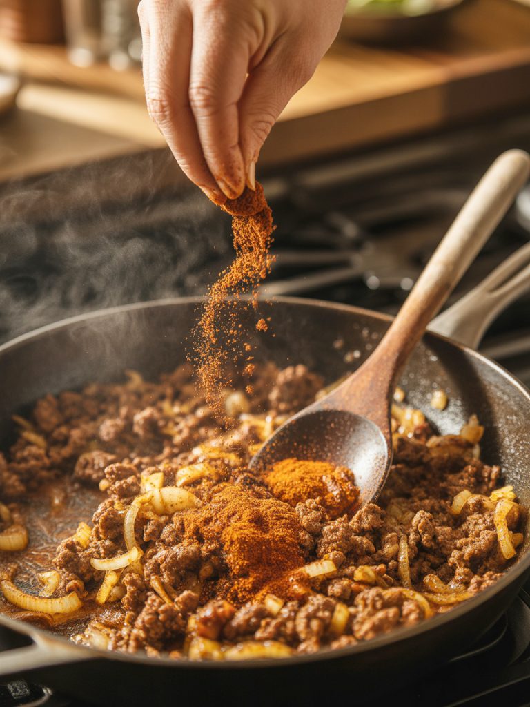 Taco seasoning being sprinkled over browned ground meat in skillet with onions and garlic