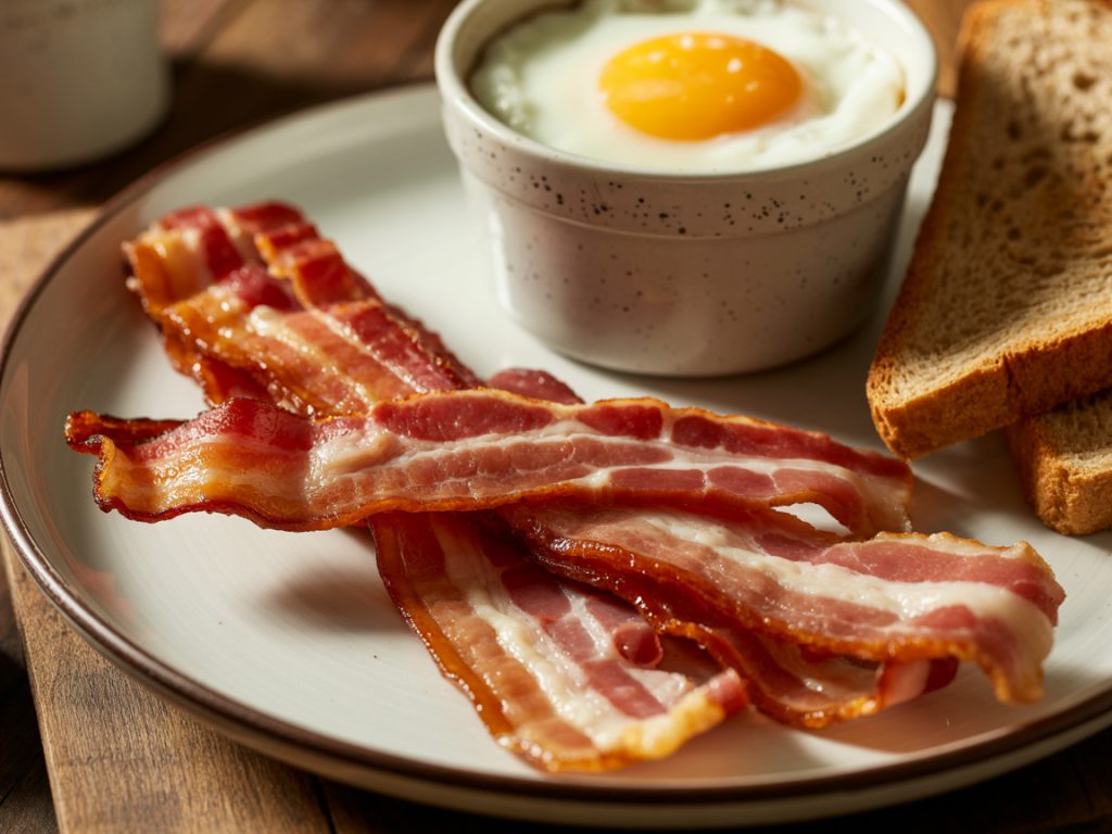 Crispy air fryer bacon strips with perfectly cooked eggs in ramekins