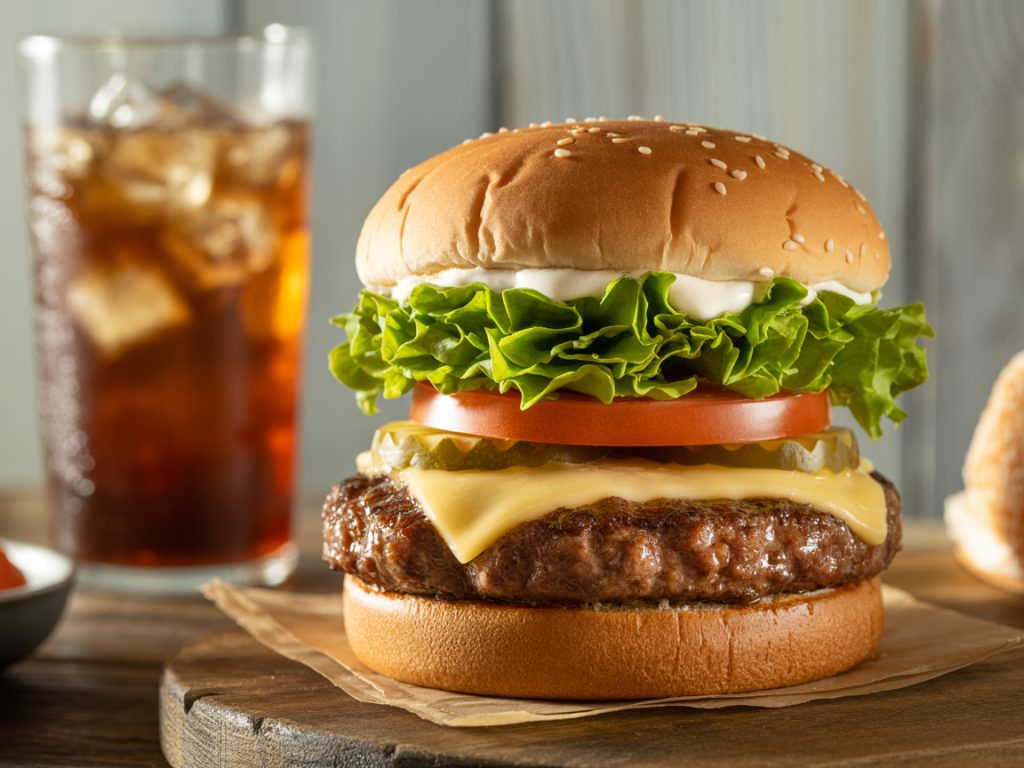 Juicy air fryer hamburger patty with melted cheese on toasted bun with fresh toppings