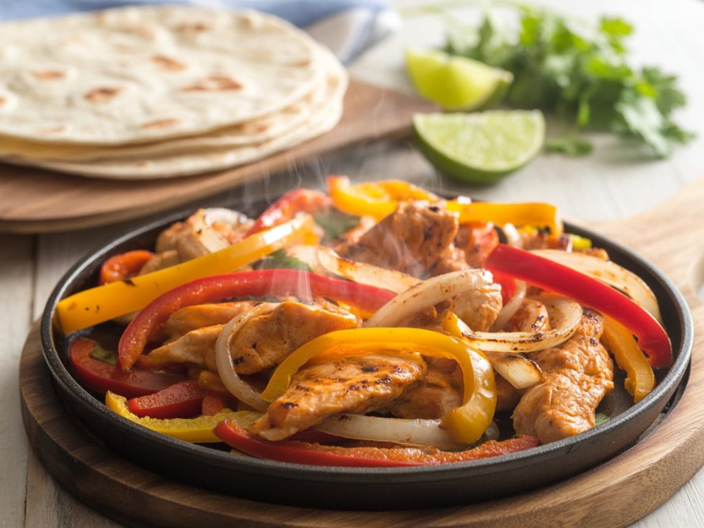 Colorful air fryer fajitas with charred peppers, onions, and seasoned chicken strips