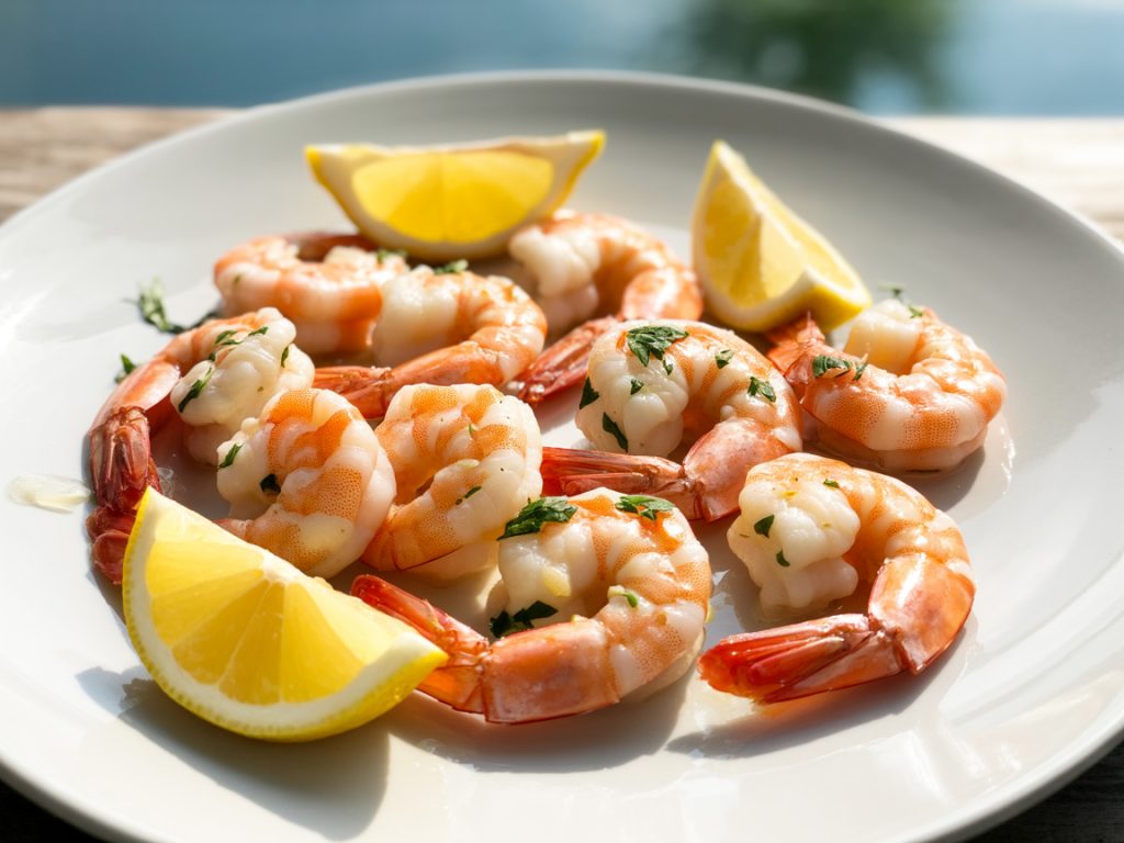 Perfectly cooked air fryer shrimp with lemon, garlic, and fresh herbs on white plate