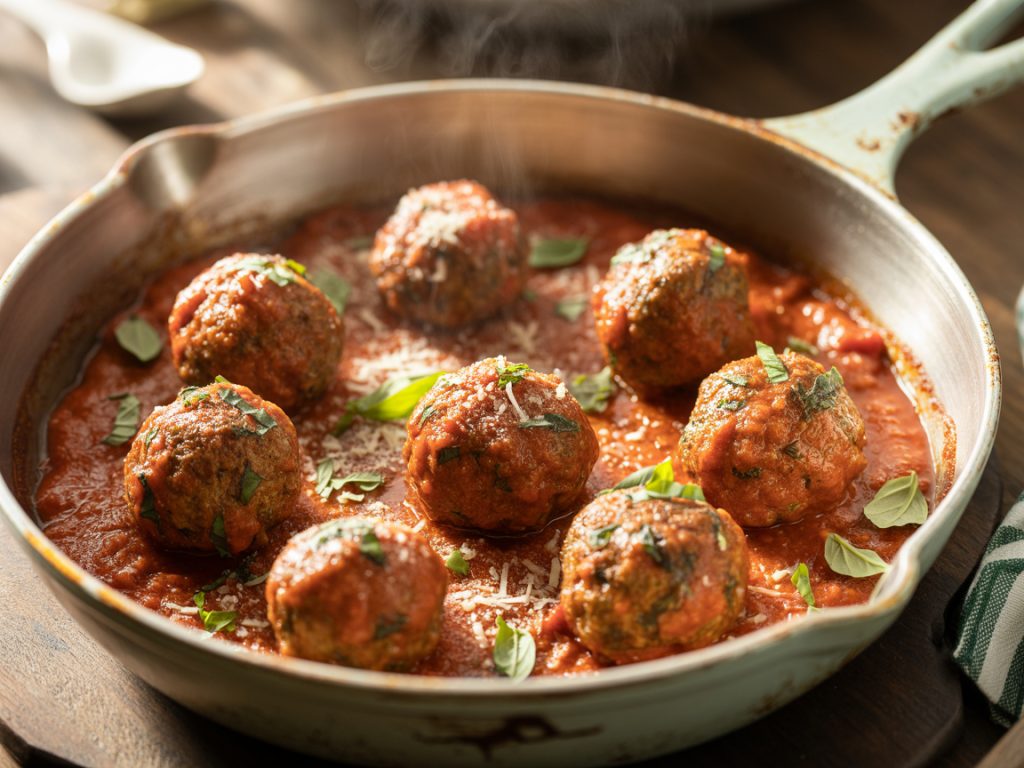 Golden brown air fryer meatballs in rich marinara sauce with fresh basil and parmesan