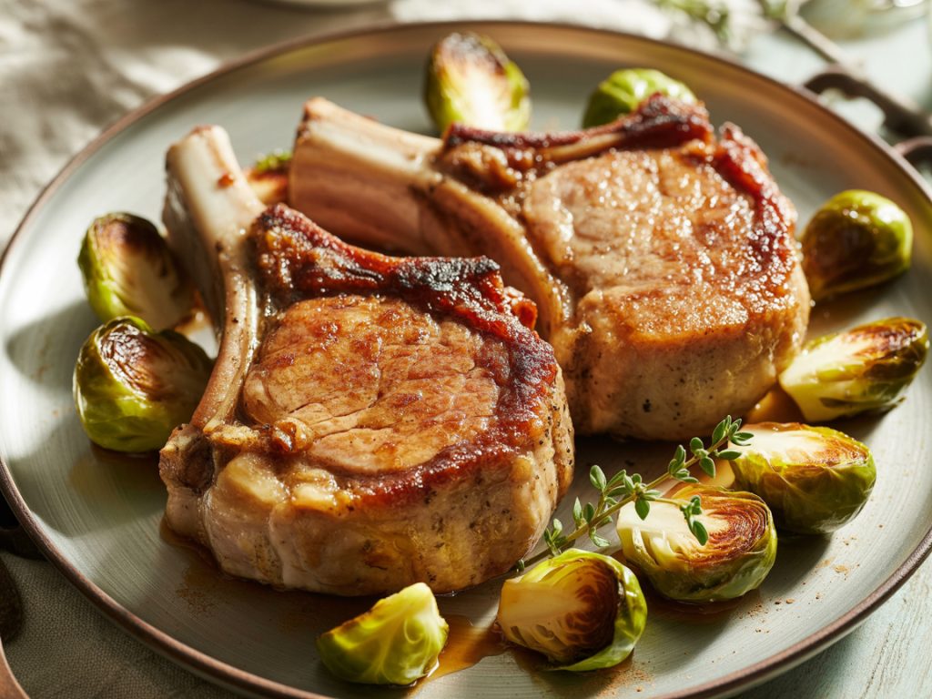 Juicy bone-in air fryer pork chops with crispy exterior served alongside roasted Brussels sprouts