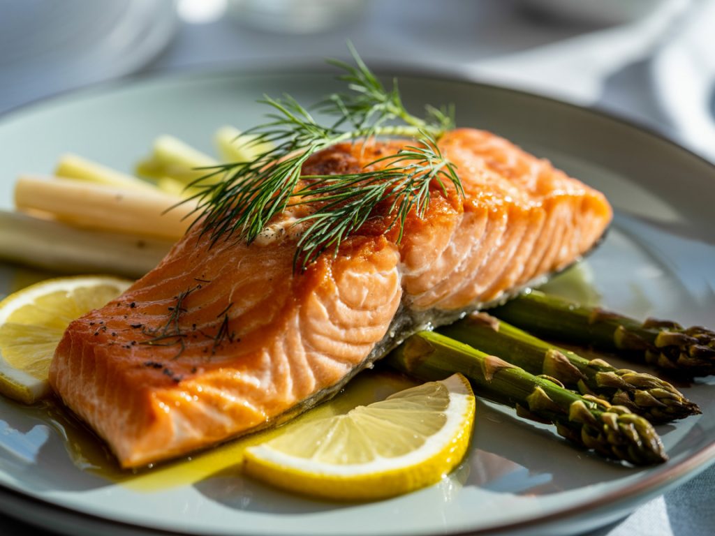 Flaky air fryer salmon fillet with caramelized edges, lemon slices and fresh dill garnish