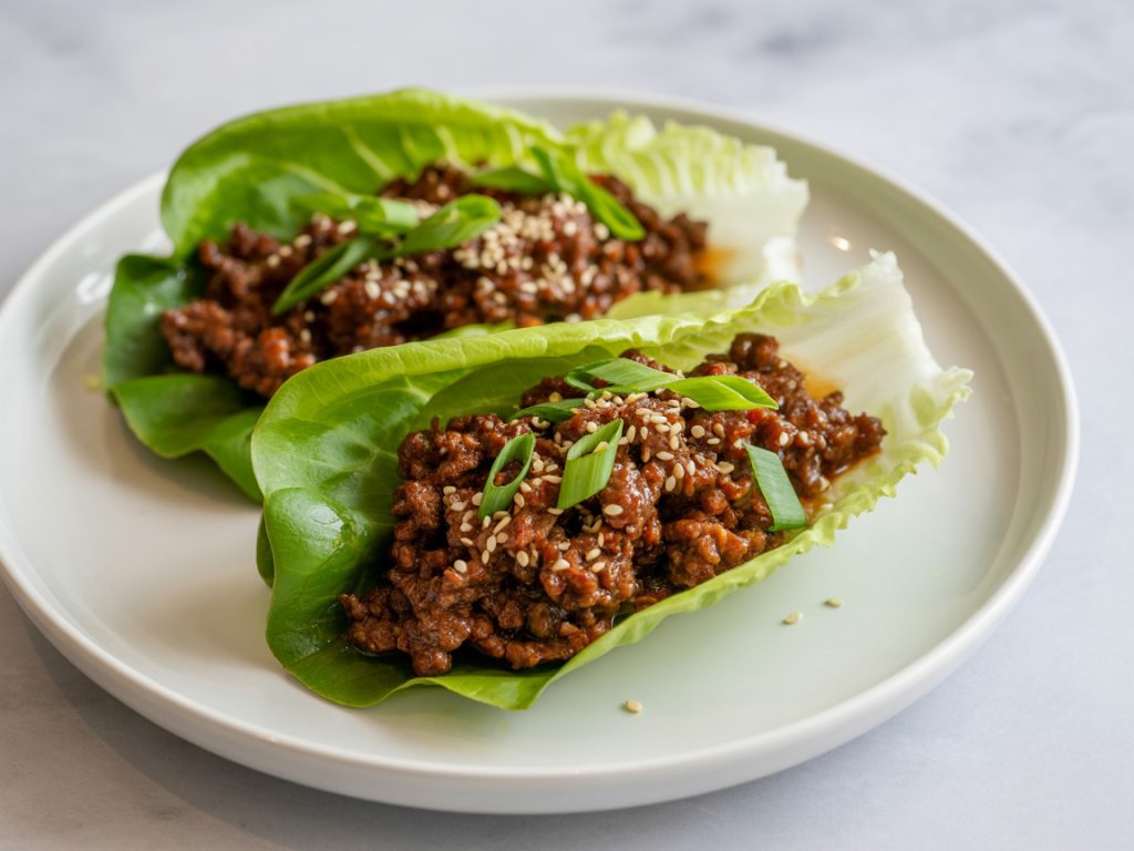 Healthy beef lettuce wraps with seasoned ground beef, sesame seeds and green onions