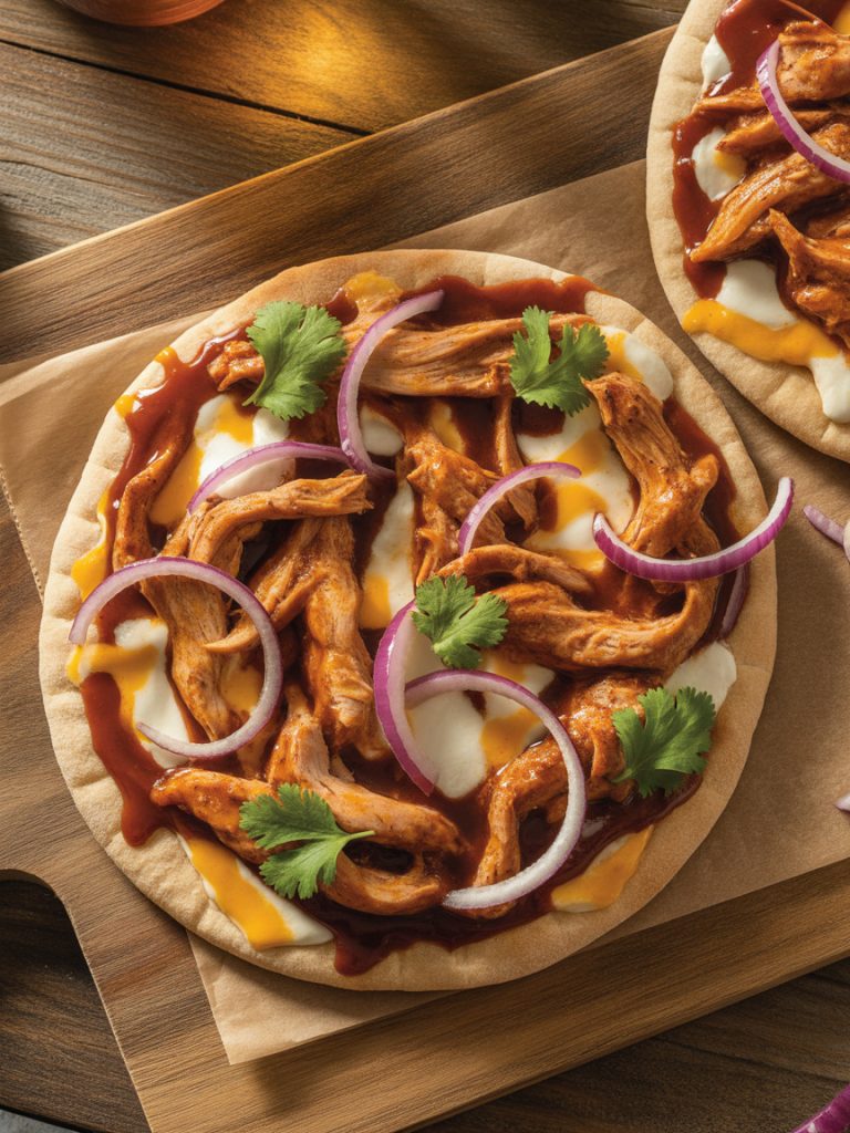 Pita pizza topped with BBQ chicken, mixed cheeses, red onions and fresh cilantro garnish