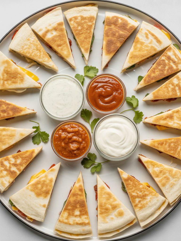 Quesadilla wedges arranged on serving platter with dipping sauce cups for game day appetizers