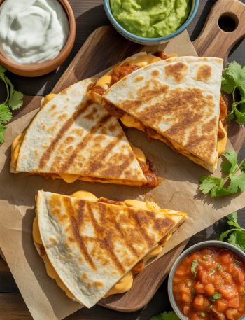 Golden crispy BBQ chicken quesadillas cut into wedges showing melted cheese filling with sour cream and salsa on wooden board