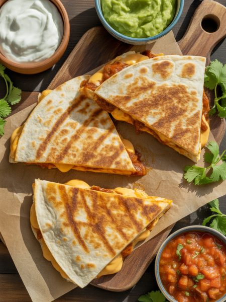 Golden crispy BBQ chicken quesadillas cut into wedges showing melted cheese filling with sour cream and salsa on wooden board