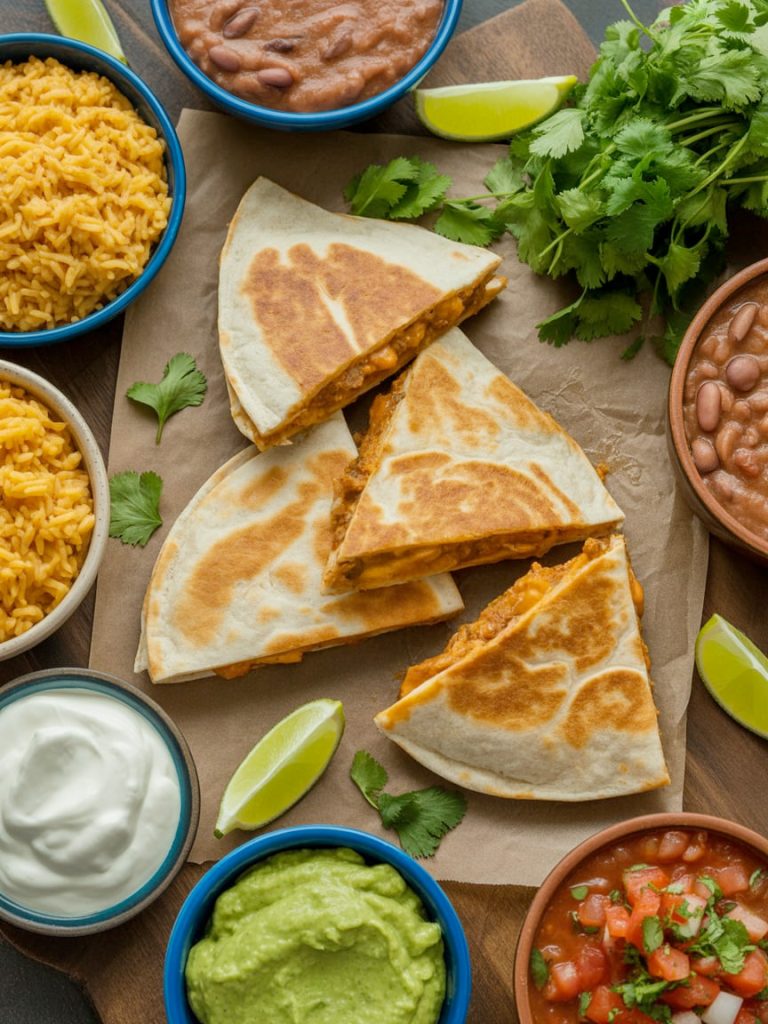 Complete Tex-Mex meal with BBQ quesadillas, rice, beans and various dipping sauces on wooden table