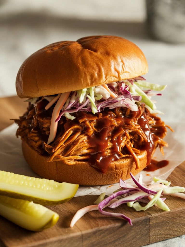 Vegan BBQ jackfruit sandwich with coleslaw on toasted bun