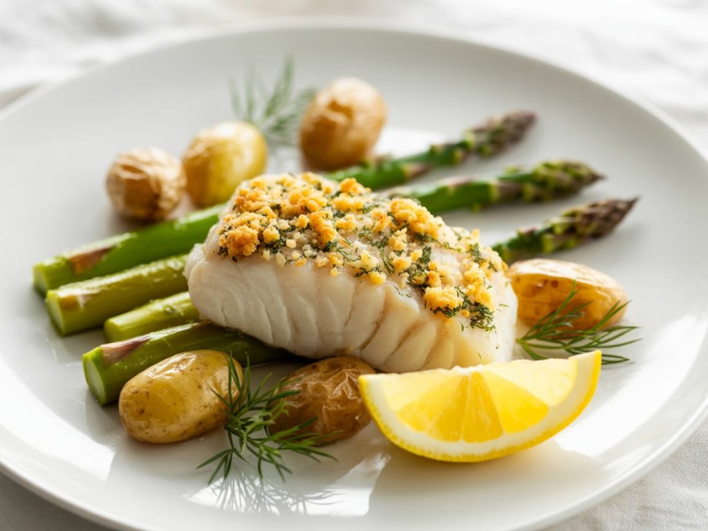 Baked cod fillet with golden herb breadcrumb crust, roasted asparagus, and baby potatoes on white plate