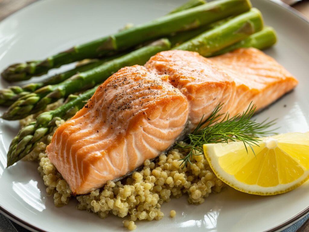 Healthy baked salmon dinner with asparagus and quinoa on white plate