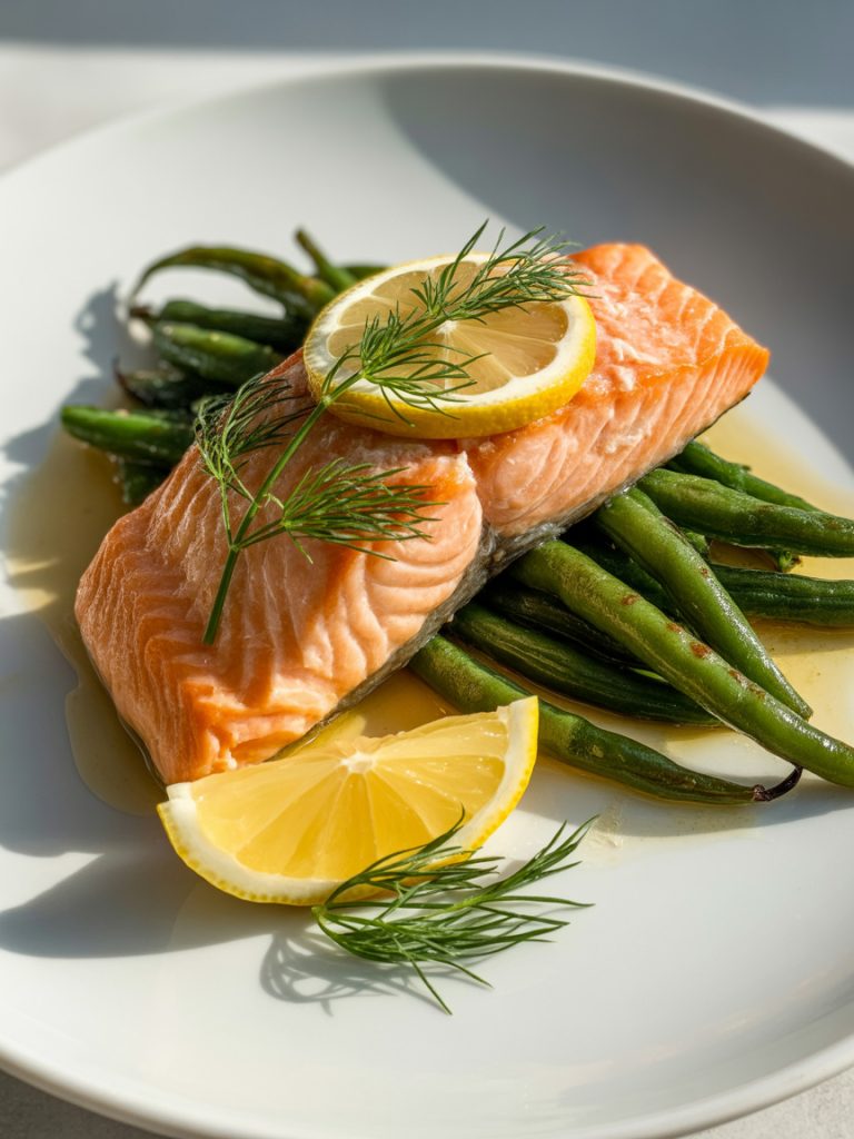 Baked salmon fillet with dill and lemon served with roasted green beans on a white plate