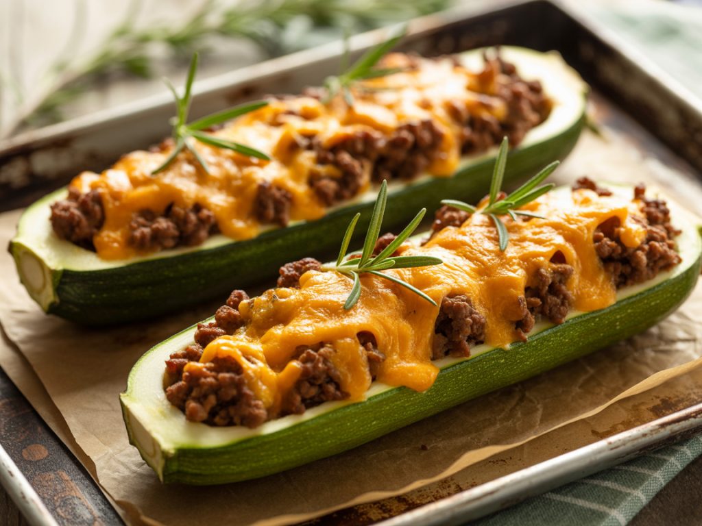 Baked zucchini boats stuffed with ground beef and melted cheese