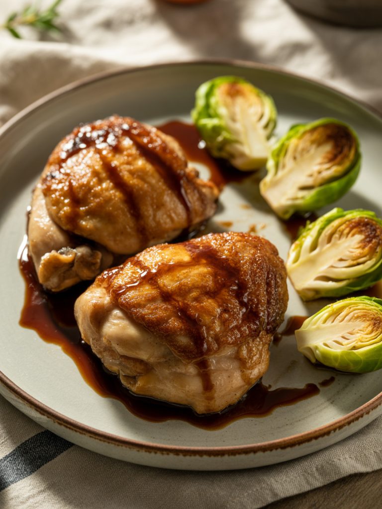 Chicken thighs with balsamic glaze and crispy roasted Brussels sprouts