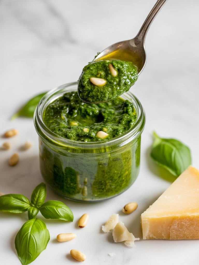 Jar of vibrant green basil pesto with spoon showing thick texture surrounded by fresh basil leaves