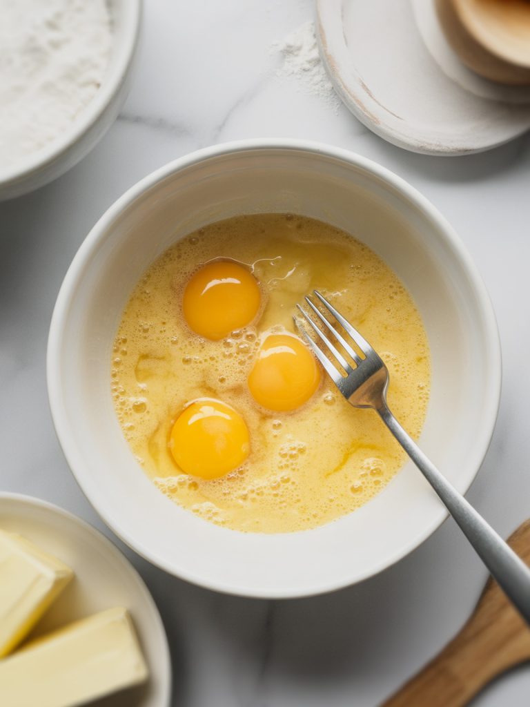 Bowl of beaten eggs with fork ready to scramble in fried rice recipe
