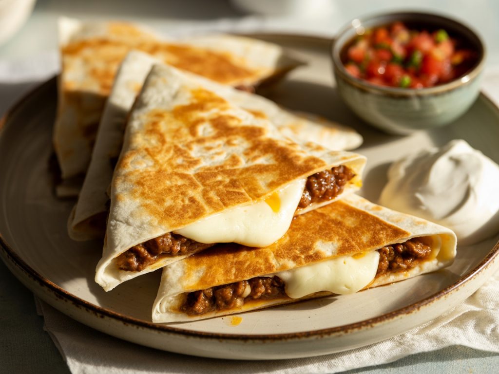 Crispy ground beef quesadillas cut into wedges with melted cheese served with sour cream