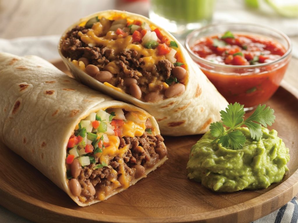 Beef and bean burritos wrapped in flour tortillas served with salsa and guacamole